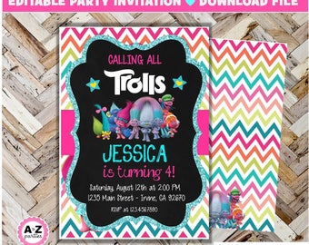 Trolls birthday invitation, Editable, Trolls, Edit with Adobe, Glitter, formatted for 5x7. 2 per page, Instant download, DIY, Print Today