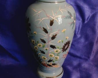 Victorian Handpainted and Etched Blue Milk Glass Vase