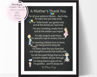 Chalkboard Print, Teacher Appreciation Gift, A Mother's Thank You Poem, Daycare Provider Gift, Babysitter Gift, Camp Counselor, D63-16P