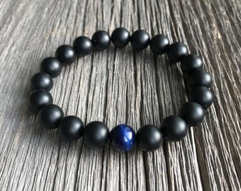 Men's Beaded Bracelet - 10mm or 8mm Matte Onyx and Single Blue Tiger Eye Stretch Bracelet, Gemstone Beaded Bracelet