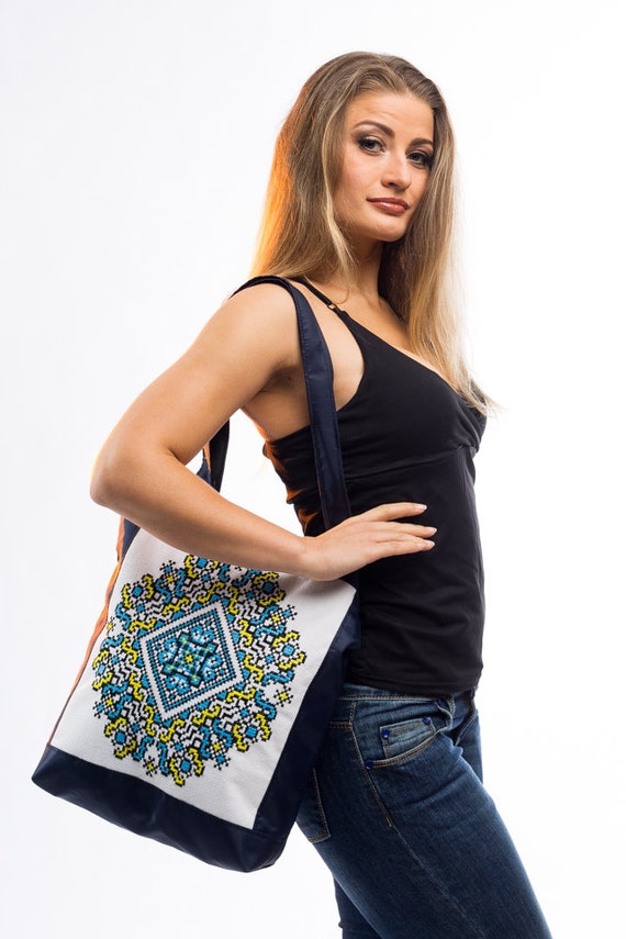 Blue canvas tote with handmade ukrainian embroidery, ukrainian traditional embroidered, blue and yellow, market tote, zipper tote, big bag.