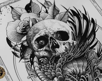 Tattoo Print - "Crow King" by Mariusz Romanowicz / art print,dark art,dark,gothic art,skull art,horror art