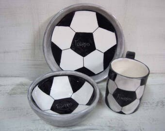 Kid Pottery Dinnerware, Boys Birthday Gift Idea, Football Mug, Football Baby Shower, Soceer Art, Ceramic Dinnerware set, Soccer Gift, Soccer