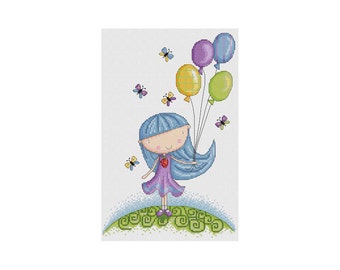 Girl with Balloons - Durene J Cross Stitch Pattern