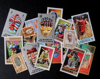 FREE SHIPPING ; 20 Colorful Vintage Worldwide Mask postage stamps for collecting, crafting, scrapbook pages, collages etc.