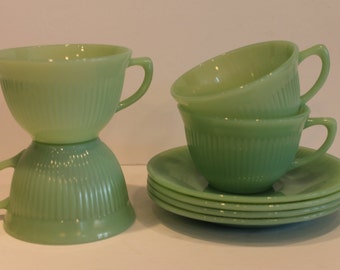 Fire King Jade-ite - Jadeite Teacup and Saucer - Set of 4 Jane Ray Teacup and Saucer - Jane Ray Pattern Jadite - Opalescent Jadeite