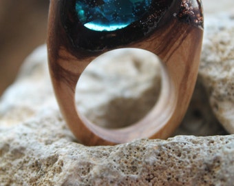 blue ring topaz Jewelry sapphire ring jewelry lovers Organic jewelry terrarium ring amulet jewelry promise ring resin wood jewelry art deco