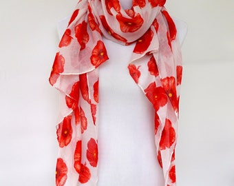 Floral Print Scarf / White Red Scarf / Red Poppy Womens Viscose Scarves / Fashion scarf / Boho Scarf Shawl / Women's Scarf / Gifts For Her