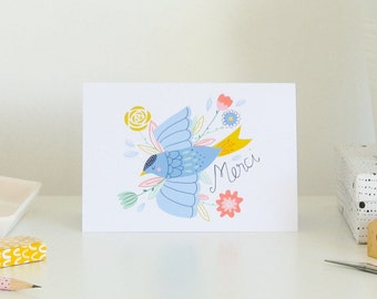Carte de Remerciement - Oiseau bleu gracieux avec fleurs