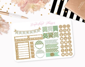 Mint & Gold Glitter Planner Stickers // Icons, Banners + Flags // Perfect for Erin Condren Vertical Life Planner