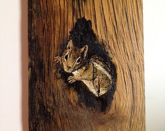 Hand-painted Chipmunk on Reclaimed Fence Board