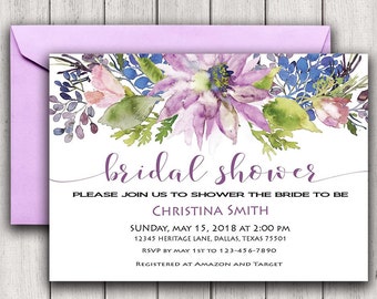 Floral Bridal Shower Invitation Purple Bridal Shower Invite, Flower Bridal Shower Invitation, Watercolor Bridal Shower Invitation, Boho inv