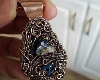Copper wire and Pietersite blue green brown ooak pendant original wearable art sculpture quartz