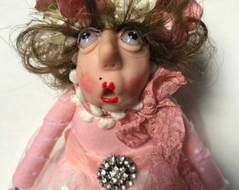 Cloth Doll, Wood Doll, Whimsical Doll, Polymer Clay Doll, Shabby Chic Lady
