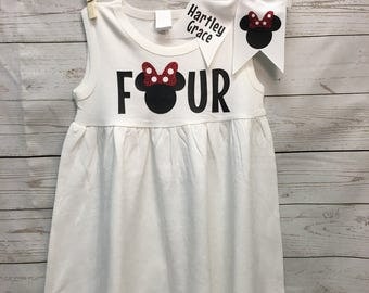Four Birthday Outfit, Minnie Mouse Dress, Four Birthday Shirt, Four shirt, Toddler girls clothing, Minnie Mouse, Disney Dress, custom dress