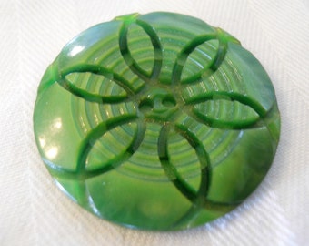 Vintage Green Carved Celluloid Button ~ 1 5/16 inch