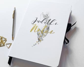 Large hand made personalised notebook/journal, in my 'Mono Luxe' feather design, personalised name in rustic gold