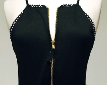 Ladies Black Swimming Costume Bathing Suit With Gold Zip detail to waist