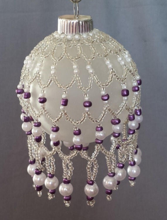 Glass Beaded Ornament Cover Silver Seed Beads Purple Seed