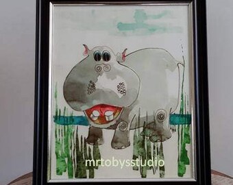 Hippo Wall Art, Hippopotamus Decor, Hippo Prints, Decoupage Art, Decoupage Print, Nursery Room Animal Art, Boy Nursery Art, Girl Nursery