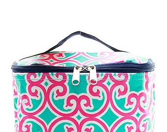 Monogrammed Aqua and Pink Geometric Cosmetic Bag- Personalized Gift-Monogram Cosmetic Bag-Personalized Makeup Bag-Embroidered Cosmetic Bag