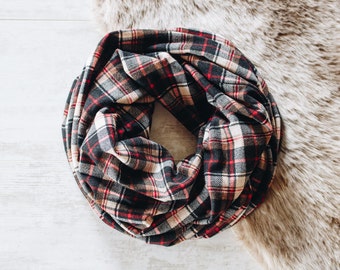 Plaid Scarf / Mens Scarf / Womens Scarves / Plaid Infinity Scarf / Cowl Scarf / Brown Scarf / Gift for Men / Husband Gift // Brown Red