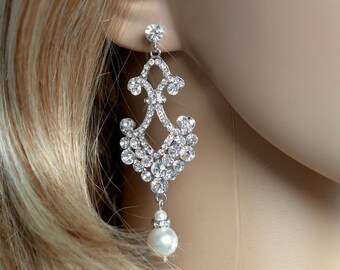 Crystal Rhinestone & Pearl Chandelier Bridal Earrings (Pearl-726)