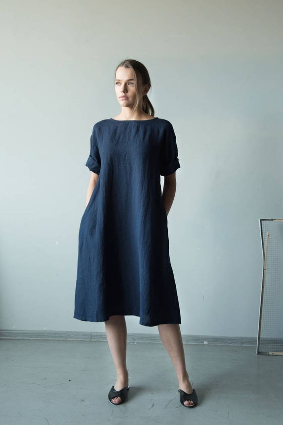 Dark blue loose linen dress with belt long sleeve linen tunic