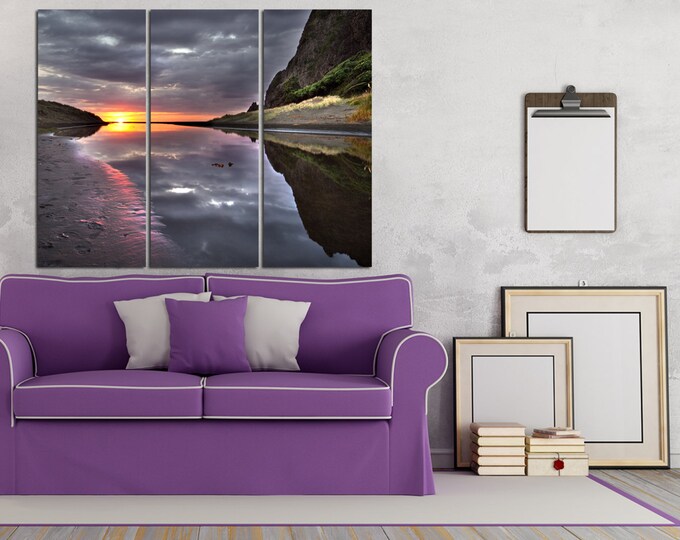 River bank sunset photography on canvas, shoreline wall art print, home decor water landscape nature photography, River wall art dekor