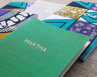 Personalised notebook foil-blocked in gold // 22 coloured linens & African fabrics to choose from