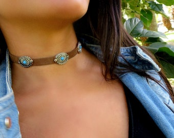 Choker Necklace, Suede Choker Necklace, Bohemian Choker, Fashion Trendy Jewelry, Suede Choker, Brown Turquoise Choker, Christmas Gift