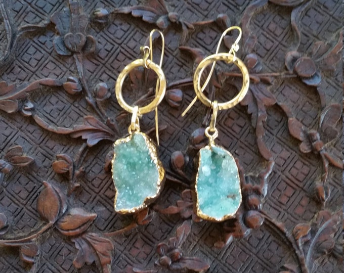 Earrings in 14k Gold Filled Hand Textured Circle with an Aqua Druzy Dangle