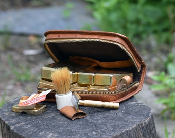Vintage shaving set, Mens shaving kit, Shaving set, Toiletry kit, Travel kit, Leather shaving kit, Travel shaving kit, Gold tone shaving set