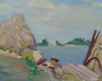MID CENTURY RIVERSCAPE Vintage Original Oil Painting by a Soviet Ukrainian Artist Ovsyannikova E. 1950s, Signed, Fine Art, High Quality