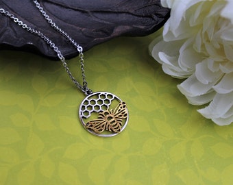 Bee necklace, honey bee jewelry, honeycomb, gold and silver, beekeeper gift