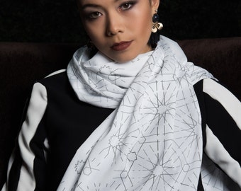 Hand Made Original Artwork Pen Drawing Geometric Islamic Art Design Digitally Printed Scarf Special Offer for Ramadan and Eid