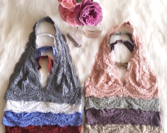 Scalloped Halter Lace Bralette - many colors, Lined, adjustable hook and eye closure, bralettes bras tops lacy halter neck