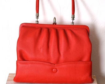 Vintage Red Leather Handbag, Vintage Purse, 50s Handbag, Red Vintage Purse