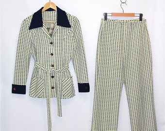 Vintage Clothing • 1970’s Two- Piece Pant Suit • Blue and Yellow Polka Dot Pattern •