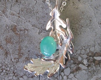 Sterling silver chrysoprase oak leaf pendant