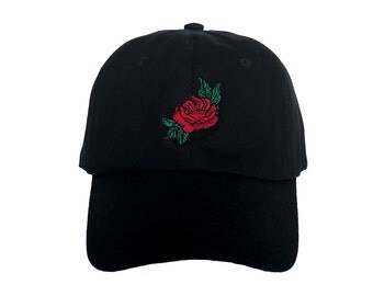 Red Rose Dad Hat, Black Baseball Cap, Custom Dad Hats, Low Profile, Embroidered Baseball Caps, Unisex Adjustable