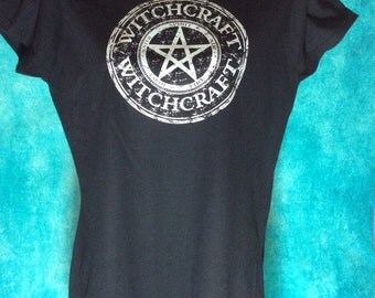 Women's Black T Shirt Witchcraft Pentagram Design Wicca Occult Pagan Goth