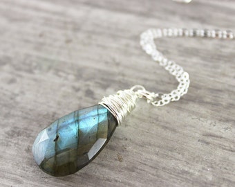 Labradorite Silver Necklace, Large Pendant Necklace, Labradorite Gemstone Necklace, Wire Wrap Necklace, Sterling Silver Necklace