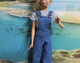 Barbie Clothes, Handmade Barbie clothes, Overalls, Cut Off Shorts, T shirt, Fringed purse, four items, Denim