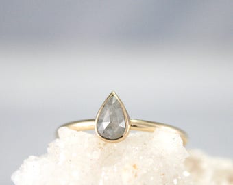 Pear shape diamond ring, grey rose cut diamond ring, 14k solid gold engagement ring, wedding ring, Rachel Wilder Handmade Jewelery