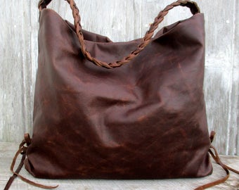 Antiqued Leather Hobo Bag by Stacy Leigh in Chocolate Brown Leather