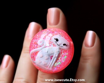 Resin Jewelry, Cat Ring, Pink Resin Ring, Big Chunky Ring, Gift for Her, Cat Lady Fashion Accessory, Glitter Resin Ring Jewelry by isewcute