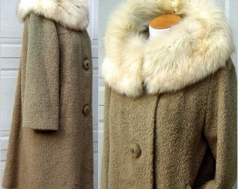 Vintage 50s Fox Fur Collar Winter Coat MIRRAX Mohair Poodle Cloth Superior GLAM Fluffy Real Fur - Very Warm MEDIUM
