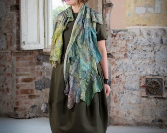 Silk and felt scarf, Silk Scarf, Bohemian Clothes, unique scarf, Hand painted silk, Unique handmade scarf, fashion scarf, wearable art