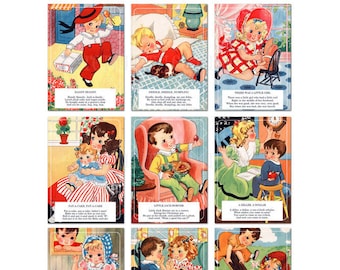 Digital | Print at Home | 5x7 Mother Goose Nursery Rhyme Flash Cards Vintage Retro Style